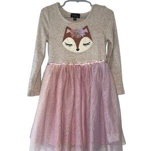 Lilt Girls Fox Long Sleeve Dress Size 4 Featuring a Cute Fox Graphic and a Tulle